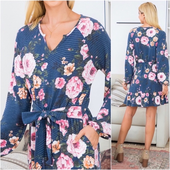 3 total- Dark Navy Notch Neck Long Sleeve Floral Tie Waist Spring Dress - Picture 3 of 3